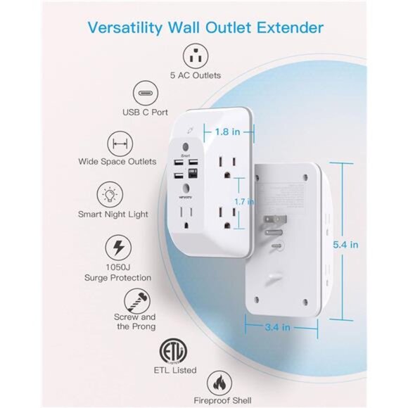 Outlet Extender with Night Light, Multi Plug Outlet, USB Wall Charger Surge - Picture 3 of 7